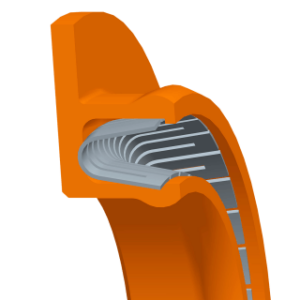 radial v-shaped spring energized ptfe sealing profile, with reataining flange